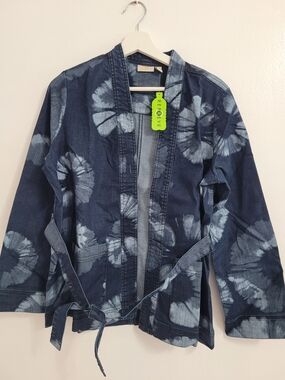 LOGO Lavish by Lori Goldstein Shibori Print Denim Wrap Jacket Size 8 BNWT